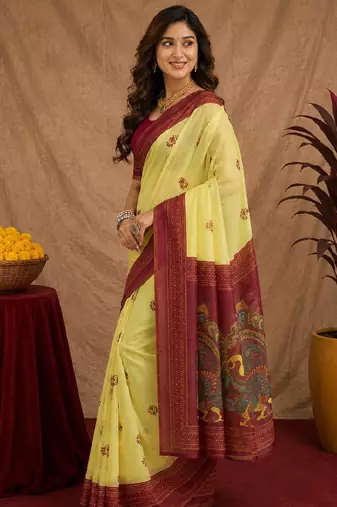  yellow maroon chanderi cotton blend printed 1 minute ready to wear saree with unstitched blouse piece