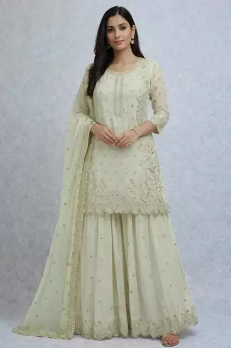 Cream faux georgette embroidered palazzo set
