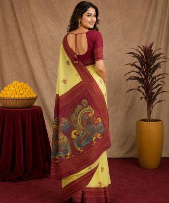  yellow maroon chanderi cotton blend printed 1 minute ready to wear saree with unstitched blouse piece 4
