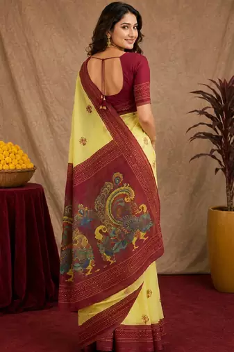  yellow maroon chanderi cotton blend printed 1 minute ready to wear saree with unstitched blouse piece