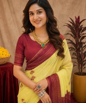  yellow maroon chanderi cotton blend printed 1 minute ready to wear saree with unstitched blouse piece 5