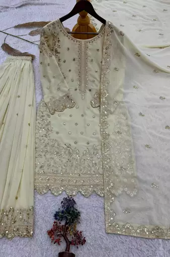Cream faux georgette embroidered palazzo set