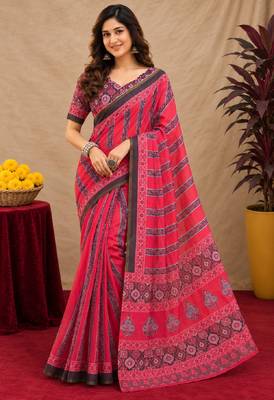 pink black chanderi cotton blend printed  1 minute ready to wear saree with unstitched blouse piece 1