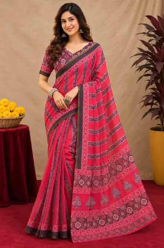  pink black chanderi cotton blend printed  1 minute ready to wear saree with unstitched blouse piece