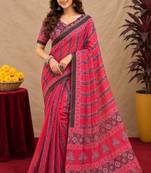  pink black chanderi cotton blend printed  1 minute ready to wear saree with unstitched blouse piece