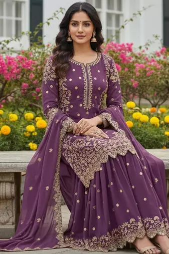 Lavender faux georgette embroidered palazzo set