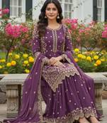 Lavender faux georgette embroidered palazzo set