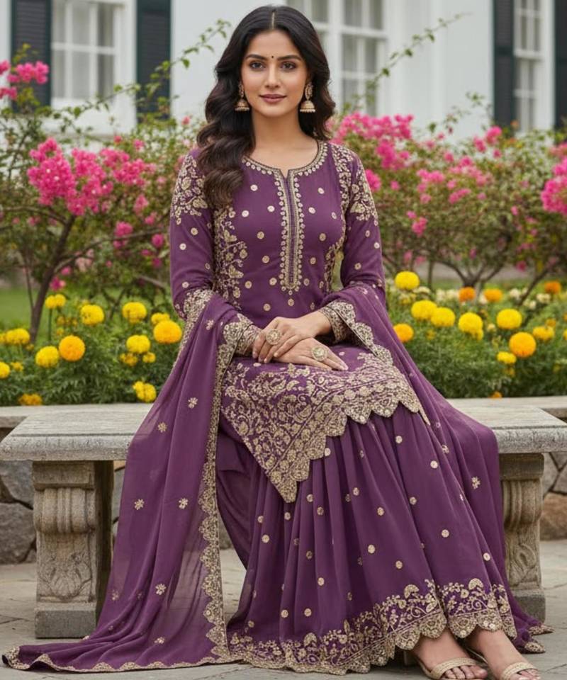 Lavender faux georgette embroidered palazzo set