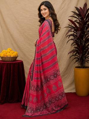  pink black chanderi cotton blend printed  1 minute ready to wear saree with unstitched blouse piece 2