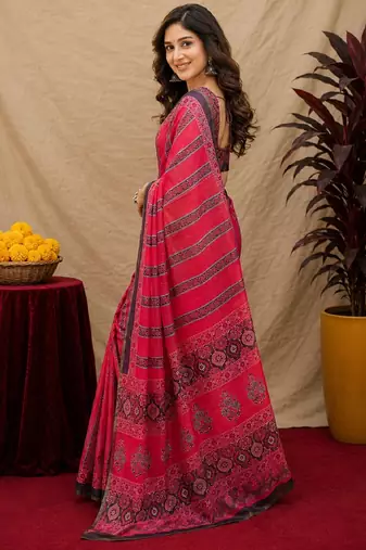  pink black chanderi cotton blend printed  1 minute ready to wear saree with unstitched blouse piece