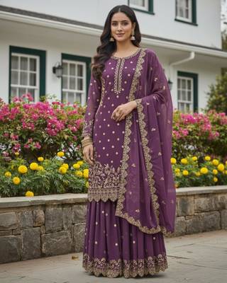 Lavender faux georgette embroidered palazzo set 2