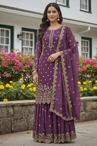 Lavender faux georgette embroidered palazzo set