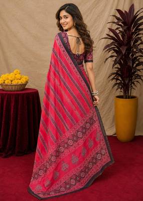  pink black chanderi cotton blend printed  1 minute ready to wear saree with unstitched blouse piece 3