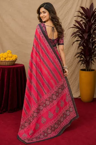  pink black chanderi cotton blend printed  1 minute ready to wear saree with unstitched blouse piece
