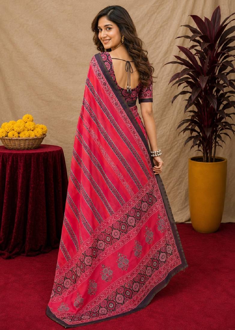  pink black chanderi cotton blend printed  1 minute ready to wear saree with unstitched blouse piece