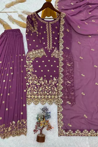 Lavender faux georgette embroidered palazzo set