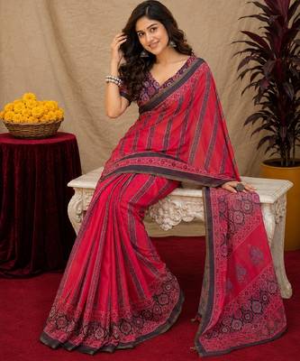  pink black chanderi cotton blend printed  1 minute ready to wear saree with unstitched blouse piece 4