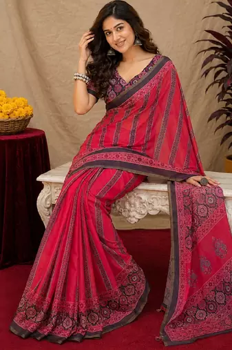  pink black chanderi cotton blend printed  1 minute ready to wear saree with unstitched blouse piece