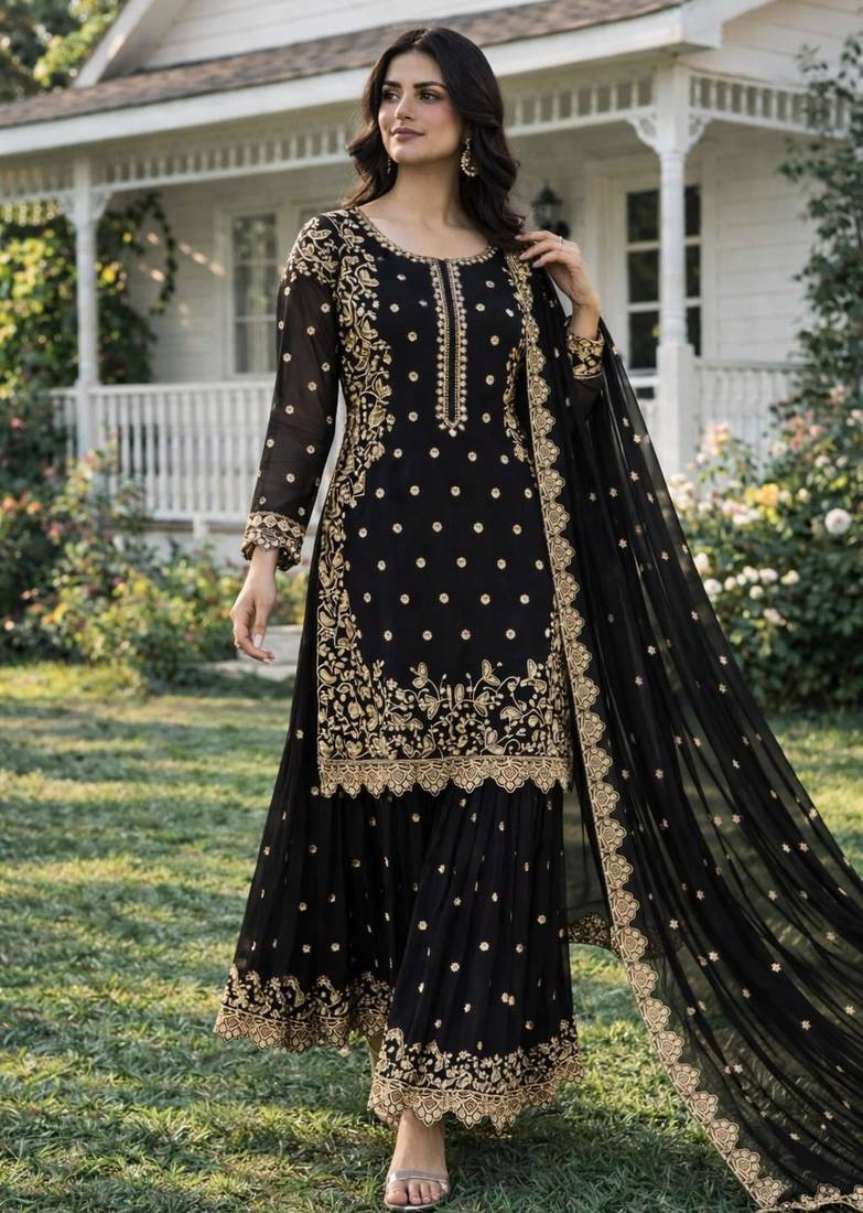 Black faux georgette embroidered palazzo set