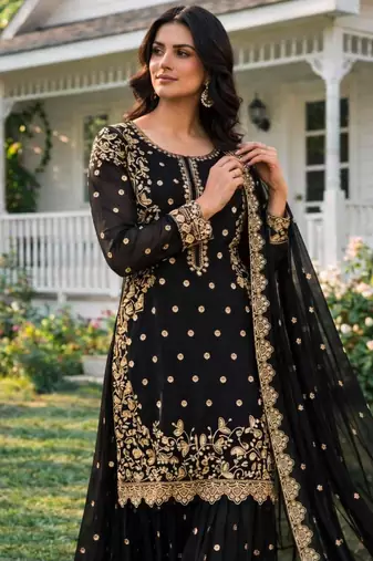 Black faux georgette embroidered palazzo set