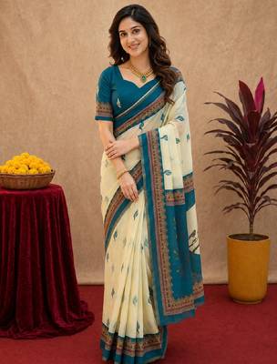  off white turquoise chanderi cotton blend  1 minute ready to wear saree with unstitched blouse piece 1