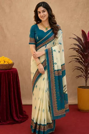  off white turquoise chanderi cotton blend  1 minute ready to wear saree with unstitched blouse piece