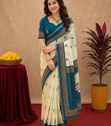  off white turquoise chanderi cotton blend  1 minute ready to wear saree with unstitched blouse piece