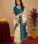  off white turquoise chanderi cotton blend  1 minute ready to wear saree with unstitched blouse piece