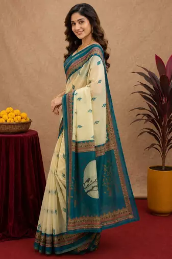  off white turquoise chanderi cotton blend  1 minute ready to wear saree with unstitched blouse piece