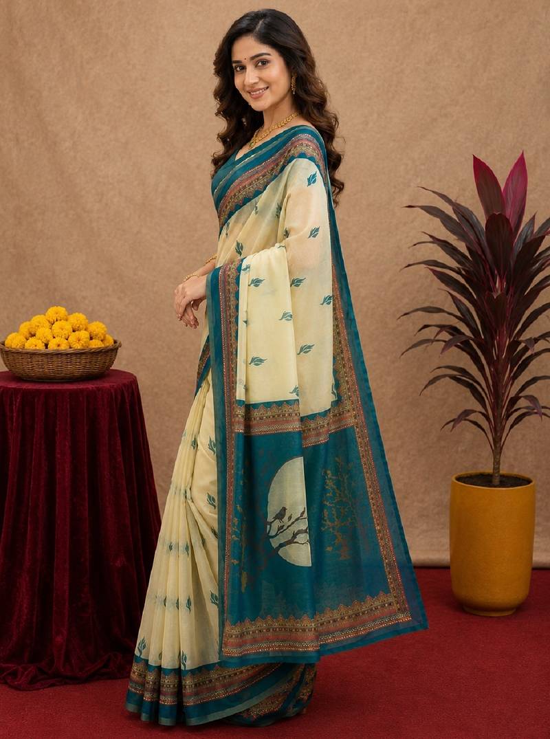  off white turquoise chanderi cotton blend  1 minute ready to wear saree with unstitched blouse piece
