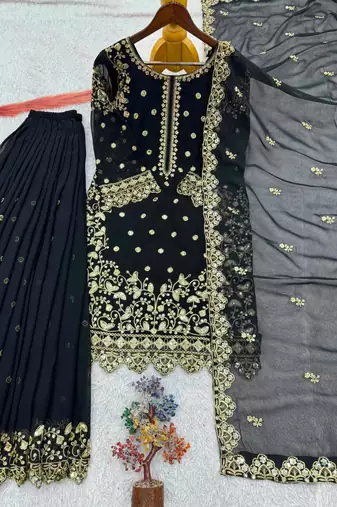 Black faux georgette embroidered palazzo set