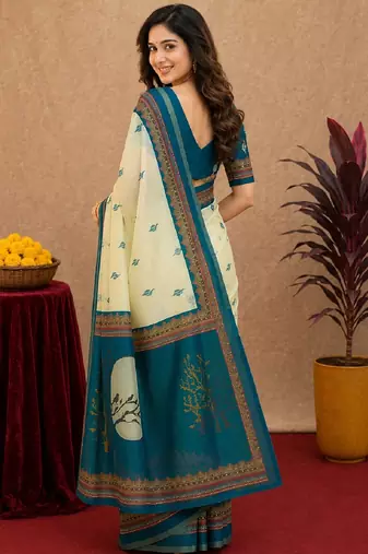  off white turquoise chanderi cotton blend  1 minute ready to wear saree with unstitched blouse piece