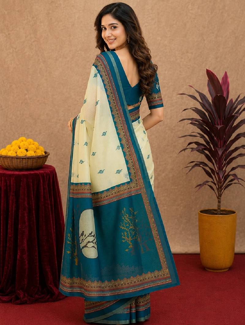  off white turquoise chanderi cotton blend  1 minute ready to wear saree with unstitched blouse piece