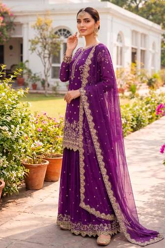 Purple faux georgette embroidered palazzo set