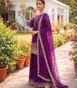 Purple faux georgette embroidered palazzo set
