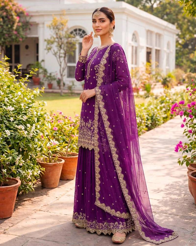 Purple faux georgette embroidered palazzo set