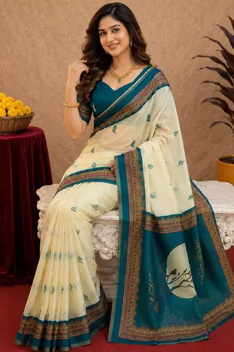  off white turquoise chanderi cotton blend  1 minute ready to wear saree with unstitched blouse piece