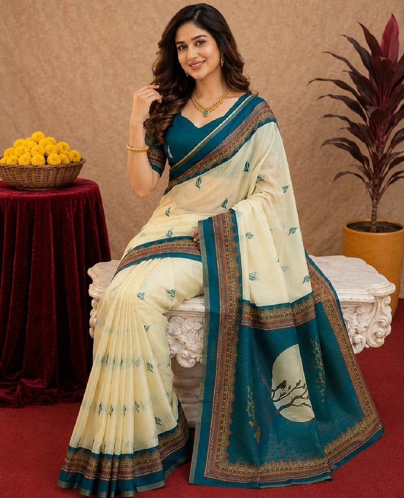  off white turquoise chanderi cotton blend  1 minute ready to wear saree with unstitched blouse piece