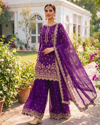 Purple faux georgette embroidered palazzo set 2