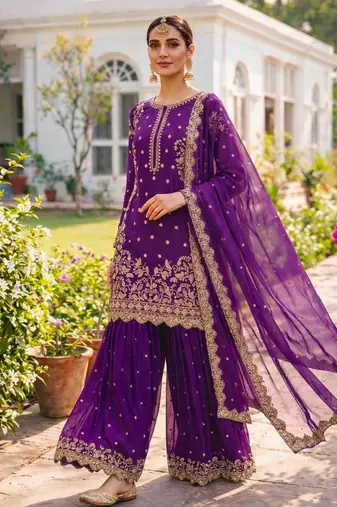 Purple faux georgette embroidered palazzo set