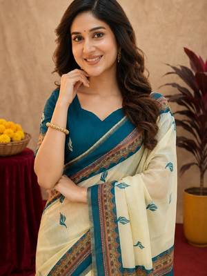  off white turquoise chanderi cotton blend  1 minute ready to wear saree with unstitched blouse piece 5