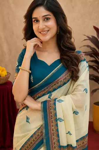  off white turquoise chanderi cotton blend  1 minute ready to wear saree with unstitched blouse piece