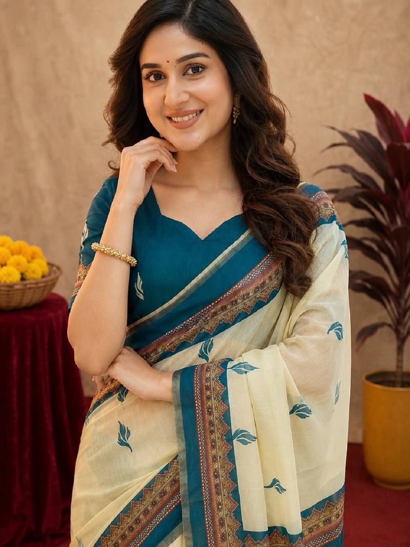  off white turquoise chanderi cotton blend  1 minute ready to wear saree with unstitched blouse piece