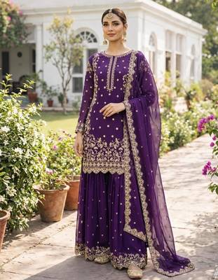 Purple faux georgette embroidered palazzo set 3