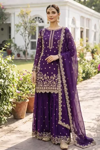 Purple faux georgette embroidered palazzo set