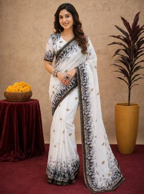  white black chanderi cotton blend printed 1 minute ready to wear saree with unstitched blouse piece 1