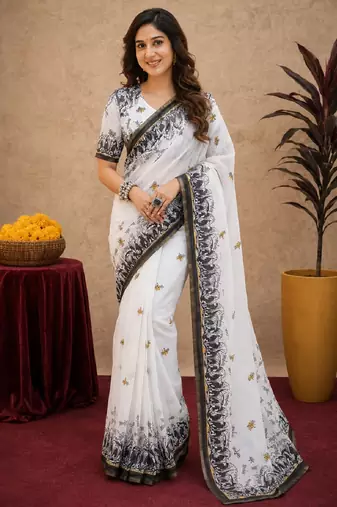  white black chanderi cotton blend printed 1 minute ready to wear saree with unstitched blouse piece