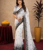 white black chanderi cotton blend printed 1 minute ready to wear saree with unstitched blouse piece