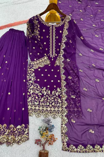 Purple faux georgette embroidered palazzo set