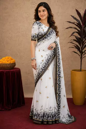  white black chanderi cotton blend printed 1 minute ready to wear saree with unstitched blouse piece